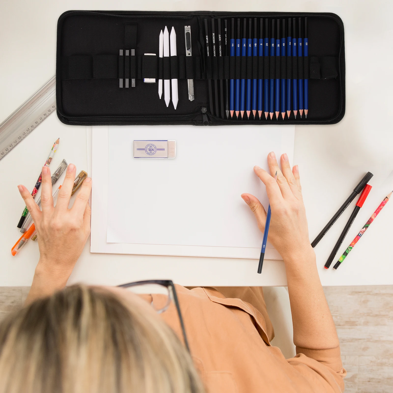 

1 set Sketching Kit Drawing Art Pencil Set Carbon Pen Highlight Paper Student Supplies Home School Studio Office Use