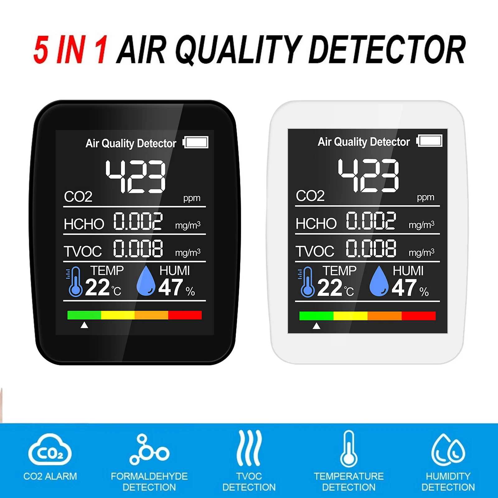 

5 in 1 Air Quality Detector CO2 HCHO TVOC Temperature and Humidity For Car Bedroom Office Greenhouse etc