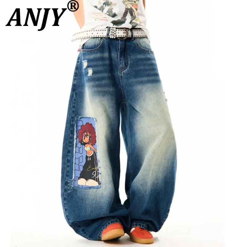 

ANJY, осенние новые женские джинсы с мультяшными нашивками, дизайнерские карманы, потертые джинсовые винтажные универсальные повседневные широкие брюки High Street A10158