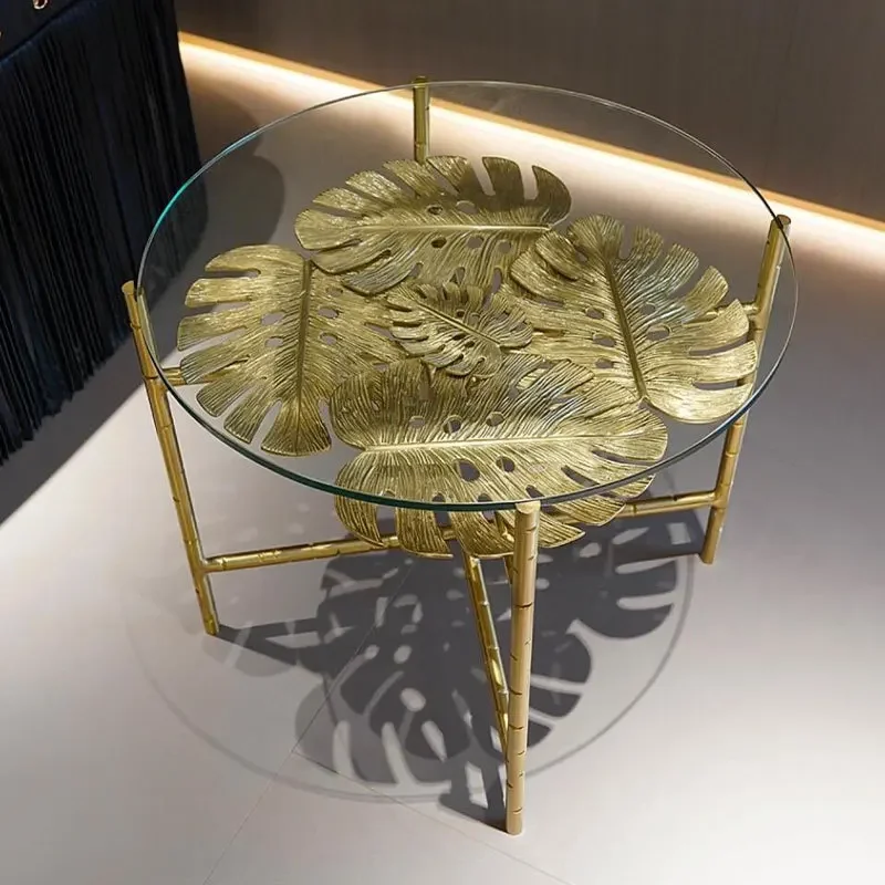 High-end round coffee table luxury metal design, pure copper brass leaf tempered glass, suitable for home or villa