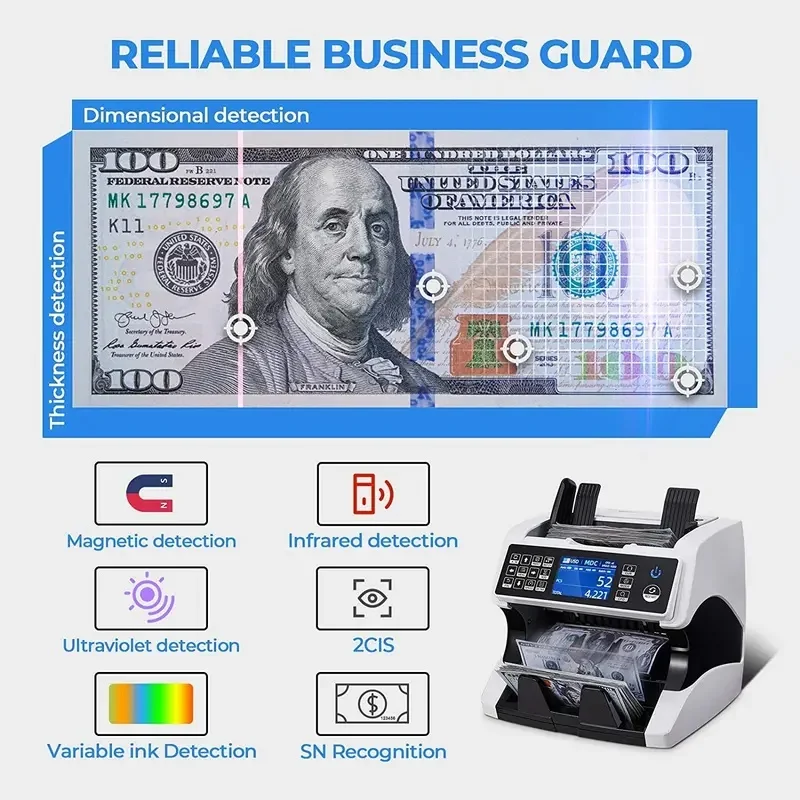 AL-920 Mixed Denomination 2 CIS Authenticating Coin Counting Machine UV/IR/MG/MT counterfeit detection Currency Counter Machine