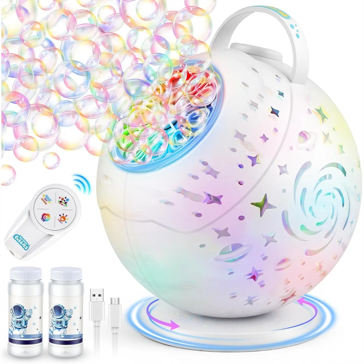 

Bubble Machine with Remote Control, 360° Rotation & 7 RGB Lights, Rechargeable for Kids, Outdoor Party, Wedding, Birthday