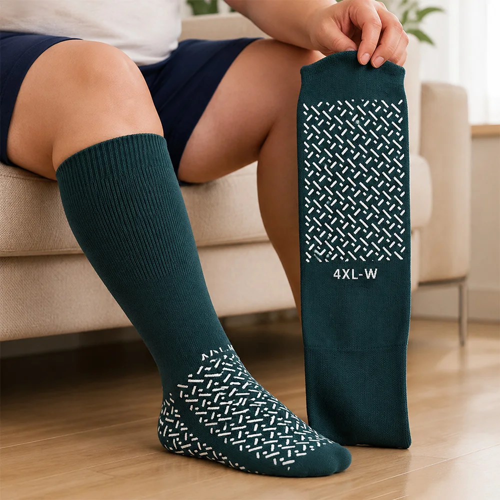 4XL Extra-Large Wide Non-Slip Calf Socks, High-Elastic Loose Silicone Non-Slip Floor Socks, Anti-Fall Care Socks for Middle-Aged and Elderly People, Suitable for Large Feet and Edema, Breathable Long Safety Anti-Slip Socks