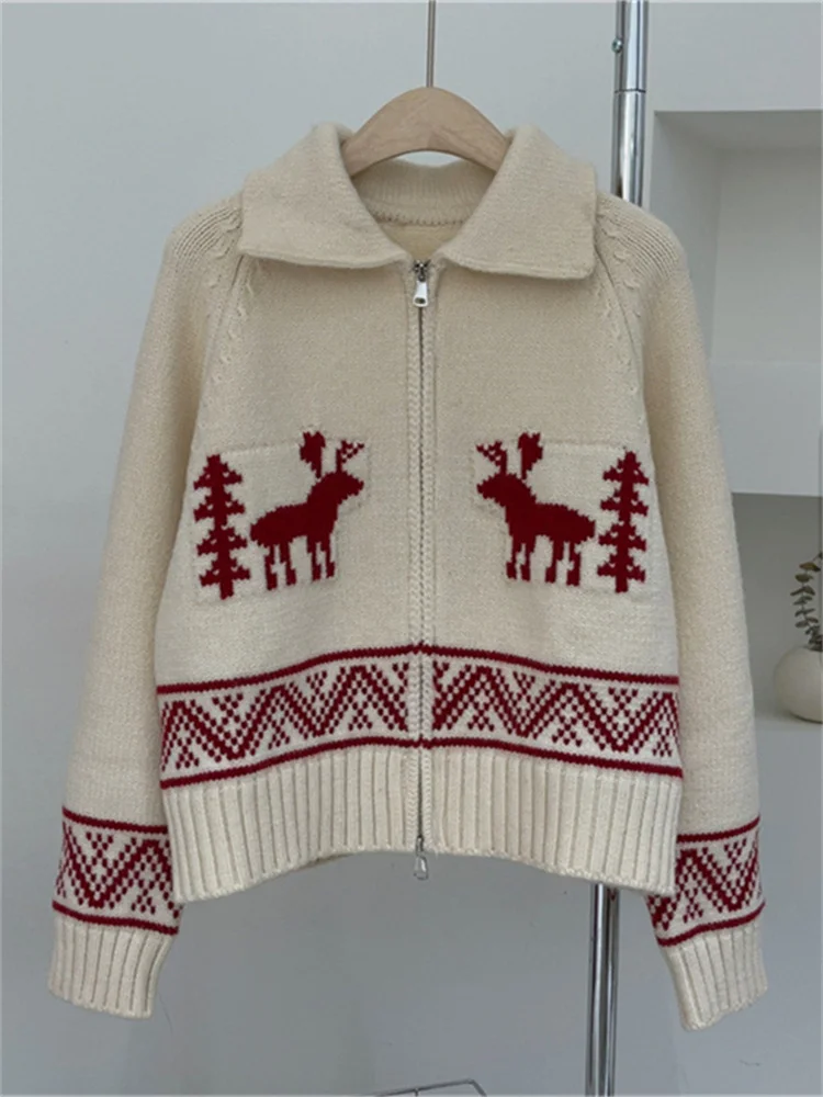 Hsa Vintage Argyle Oversize Christmas Sweater Cardigans Women Harajuku Sweet Deer Thick Y2k Tops Autumn Winter Clothes