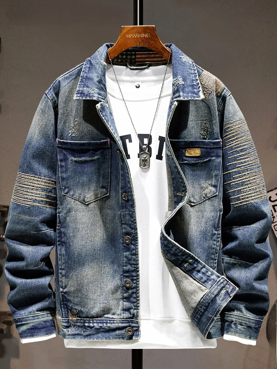 

Retro American Sle Men's Casual Jeans Jaet Motorcycle Waed Leisure Slim Fit Workwear Coat Stand Edition Youth Faion