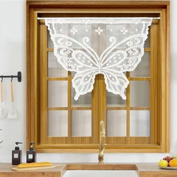 Rustic Vintage Lace Butterfly Embroidery Sheer Short Curtains for Kitchen Small Window Half Curtain, Rod Pocket Doorway Drapes
