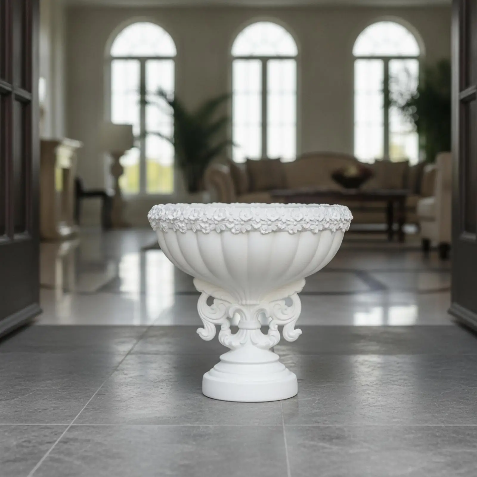 Elegant Decorative Planter Pot with Carved Scrollwork Base for Showcasing Artificial Flowers or Greenery