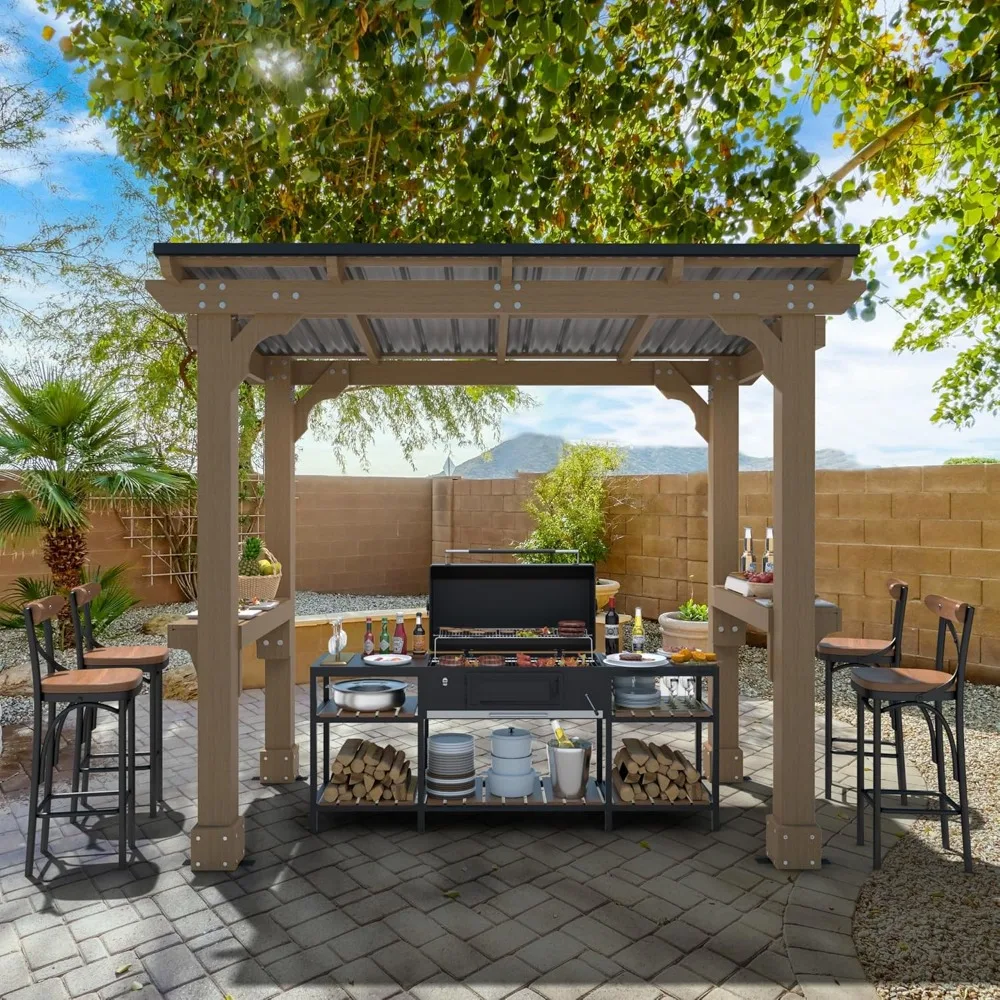 

8' x 5' Wooden Grill Gazebo with Sloping Metal roof, Rainwater Drainage, Cedar Frame, Heavy Duty Canopy Suitable for Full-Size