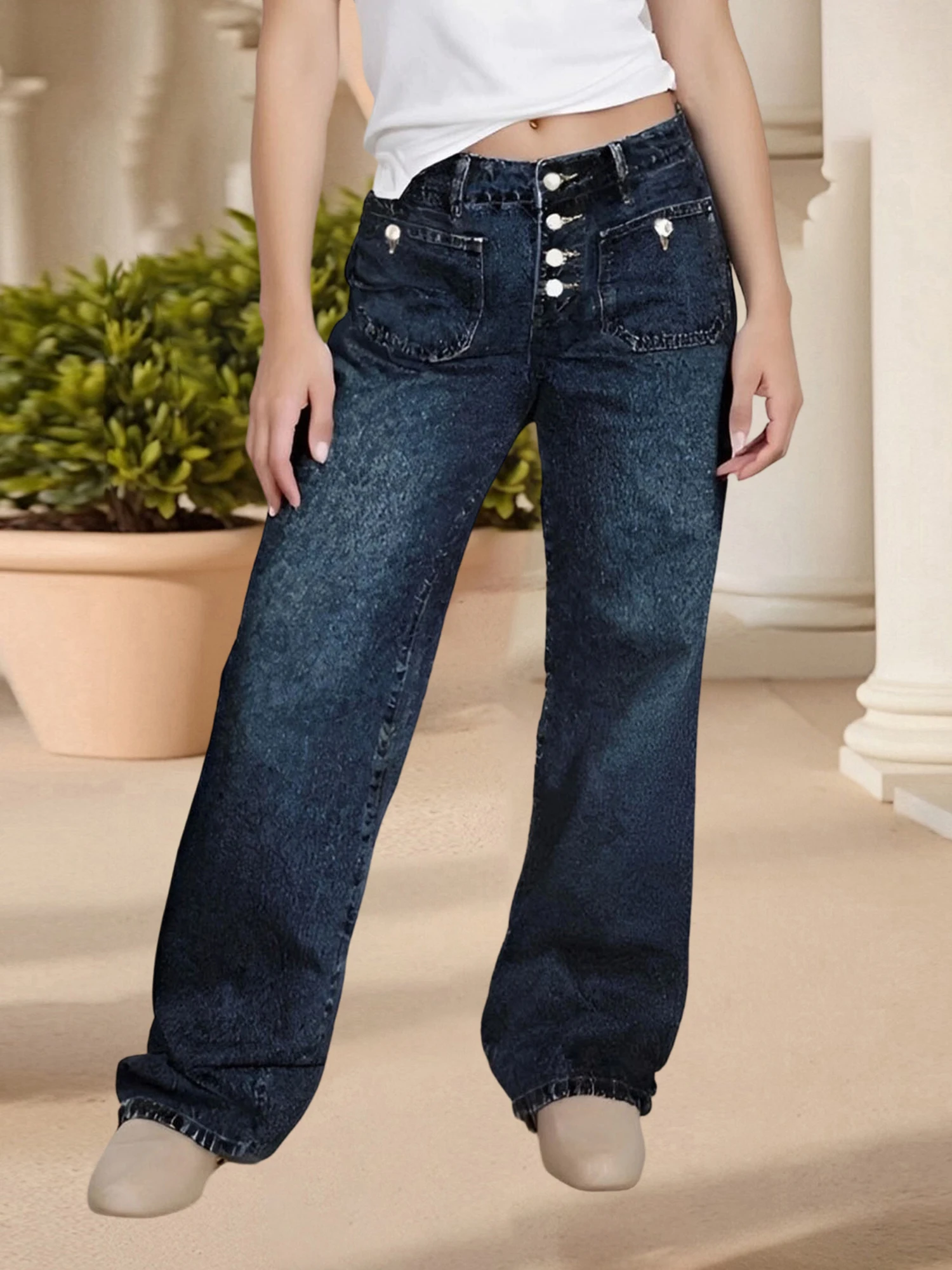 Damen-Denim-Cargohose mit niedrigem Bund und weitem Bein und Taschen – lässige, einfarbige Baggy-Jeans für einen stilvollen Look