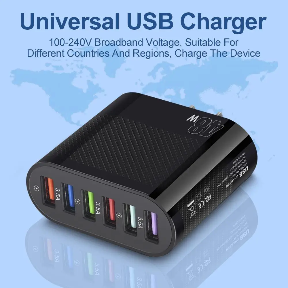 USB Type C Wall Charger 48W 6-Port Fast Charging Block Adapter Plug Compatible For IPhone Android Tablet PC Mobile Phone