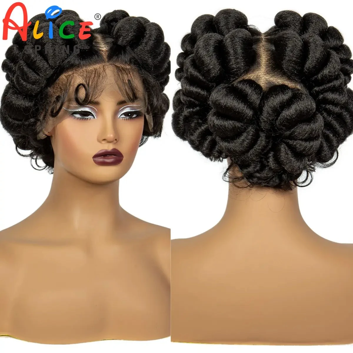 Natuurlijke Kleur 6Inch Transparante Full Lace Gevlochten Pruiken Korte Leuke Handgemaakte Bantu Synthetische Gevlochten Kant Pruiken Knooploze Vlechten Pruik