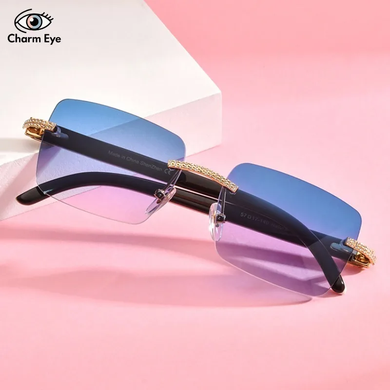 High End Women Diamond Natural Buffalo Horn Sunglasses Precious Black White Buffalo Horn Legs Fashion Luxury Sun Glasses for Men