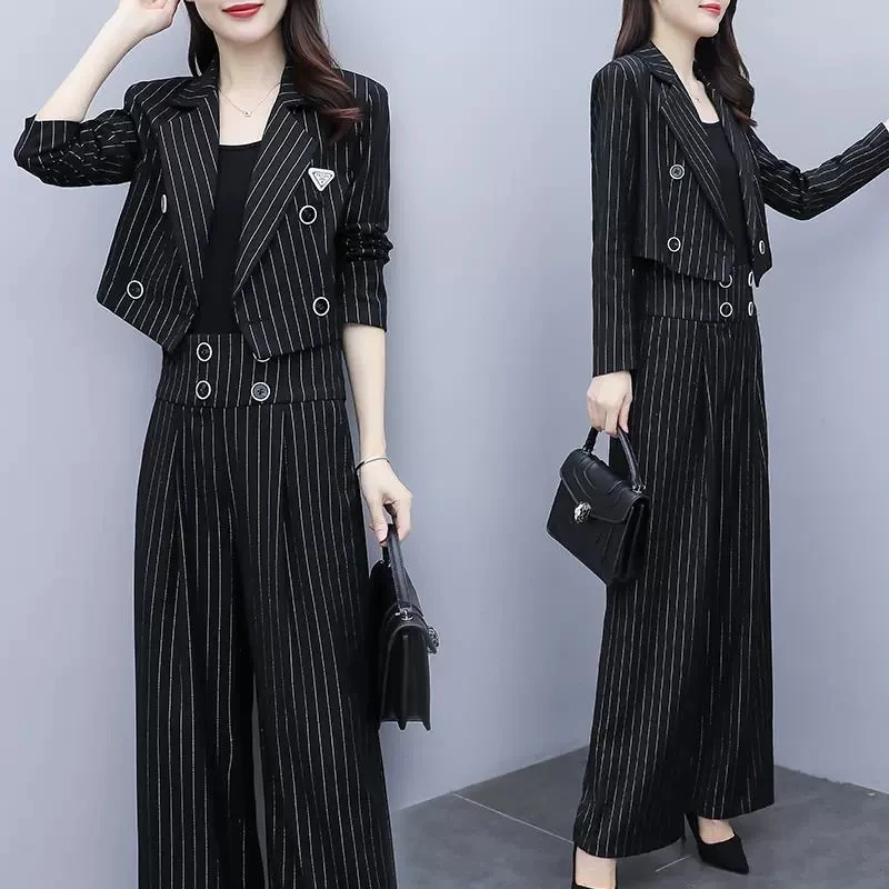 Small Blazers Suit Women\'s Spring New Casual Professional Short Blazer Jacket And Wide Leg Pants Two Piece Set Office Ladies Set