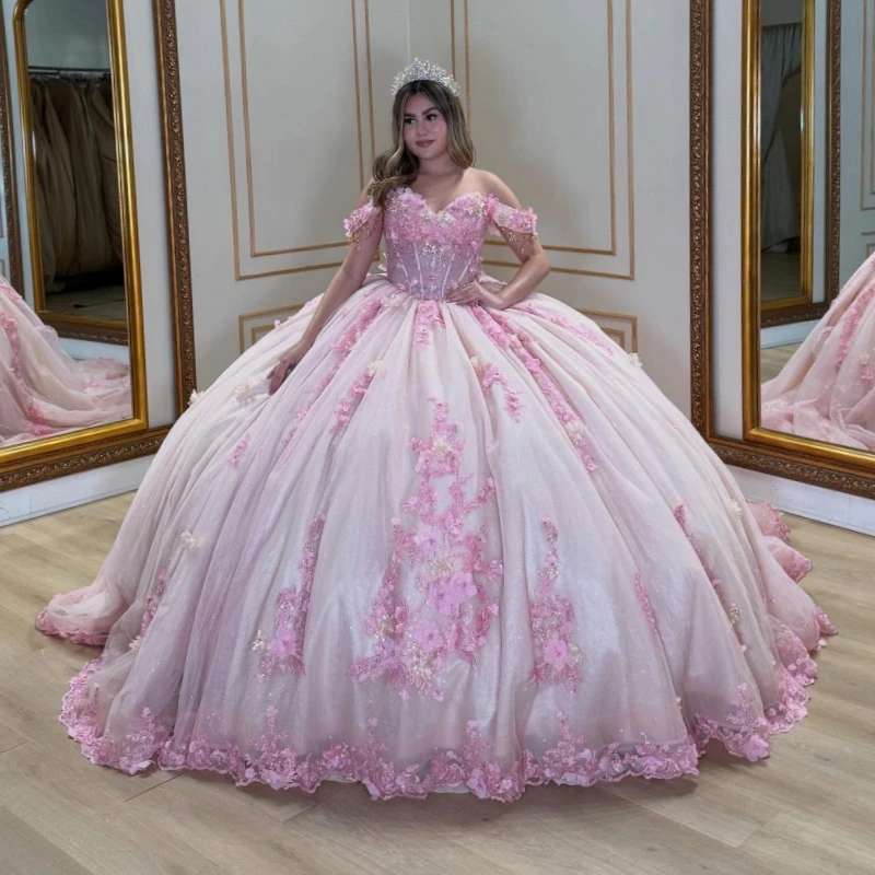

Pink Shiny Princess Off the Shoulder Sweet 16 Dress Quinceanera Dresses Applique Flower Beads Tull Party Birthday Vestidos 15 De