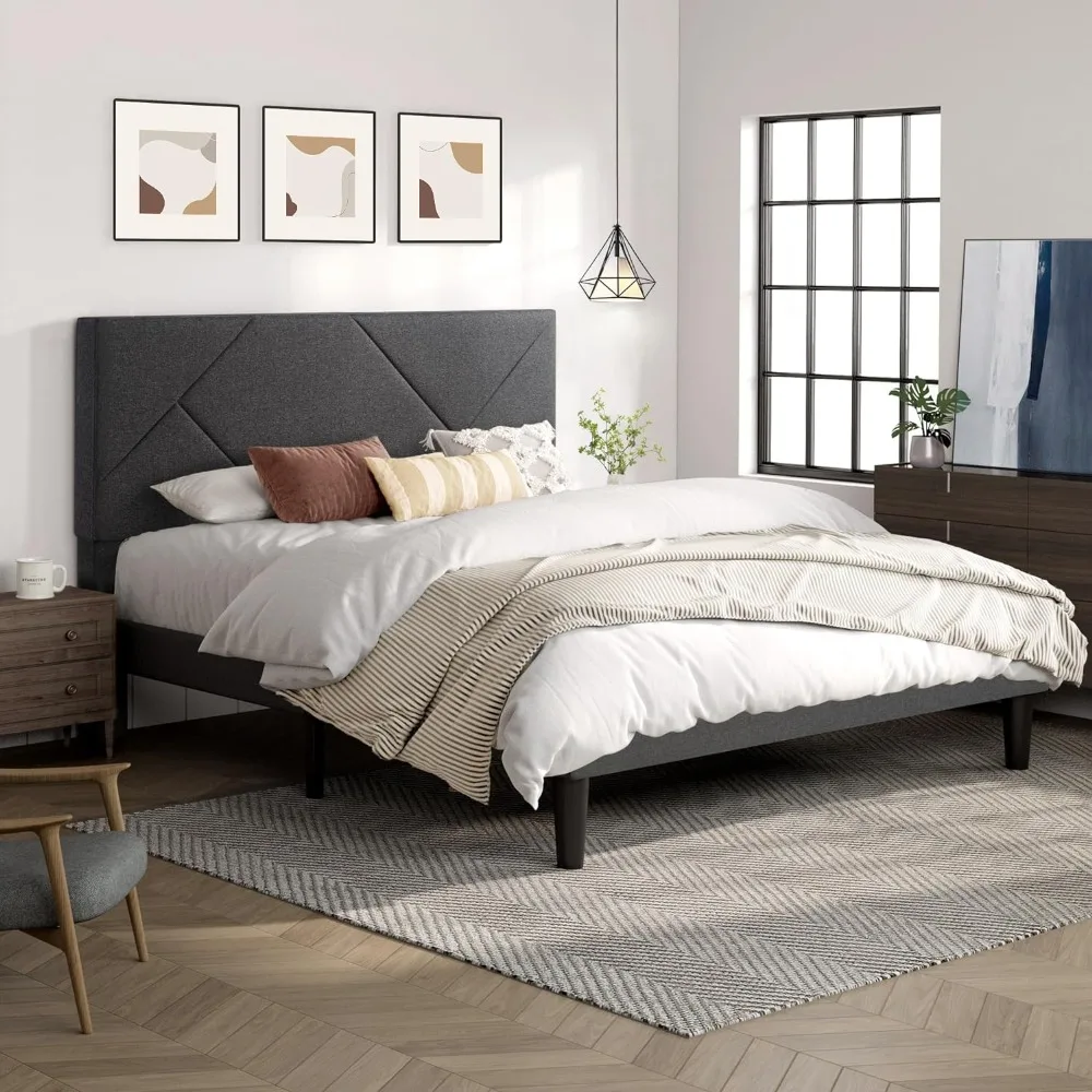 King Size Upholstered Bed Frame with Geometric Headboard, Heavy-Duty Platform Bed, No Box Spring Needed, Dark Grey