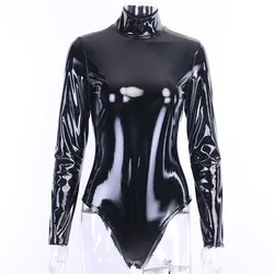 Women Sexy Black Bodycon Bodysuit Zipper PVC Leather Jumpsuit Ladies Slim Long Sleeves Bodysuits Rompers Body XXXL