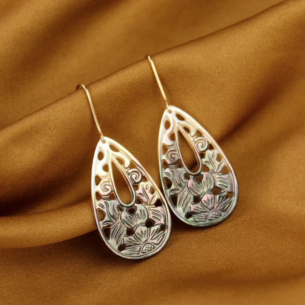 1pair Natural Black Shell Hollow Out Carved Flower Long Tear Drop Mother of Pearl Fine Hook MOP Banquet Paty Jewelry Dangles view 4