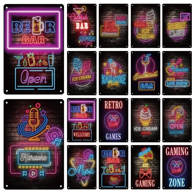 Neon Bar Club Metal Tin Sign Rock Music Pub Vintage Beer Poster Ice Cream Iron Plate Mural Cocktail Game Wall Decoration Plaque