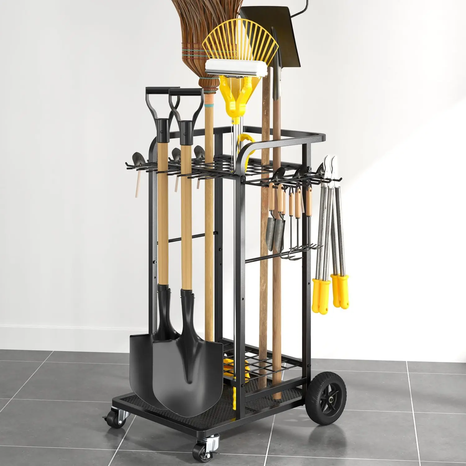 

Heavy Duty 3-Tier Yard Tool Rack with Large Wheels, Holds Up to 35 Long-Handled Tools and 12 Hooks for Garage Storage