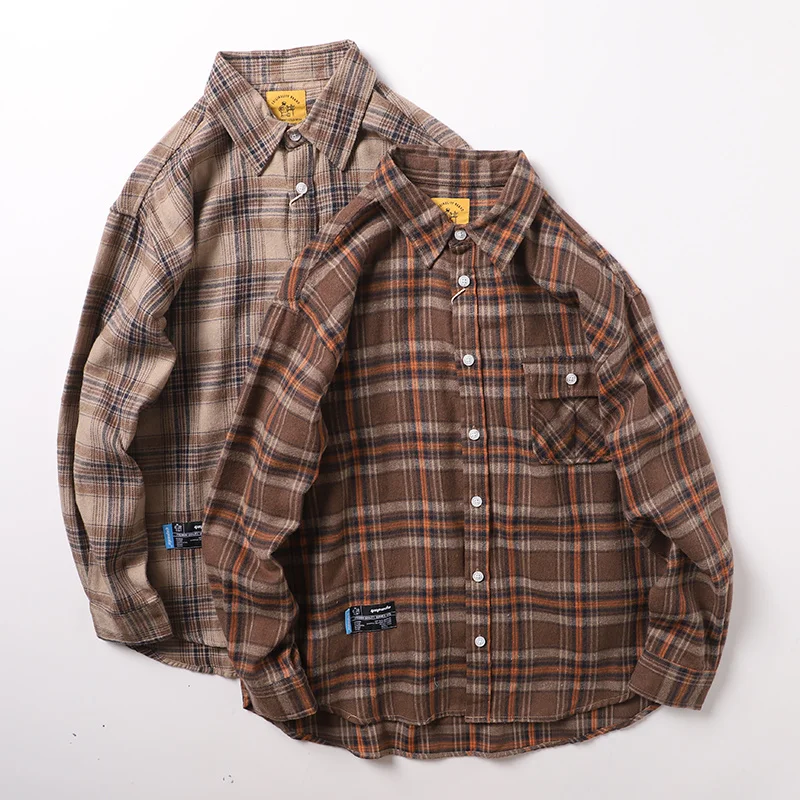 Casual Flannel Plaid Shirts Mens 2023 Autumn New Long Sleeve Button Down Varsity Shacket Regular Fit Heavyweight Checkered Shirt