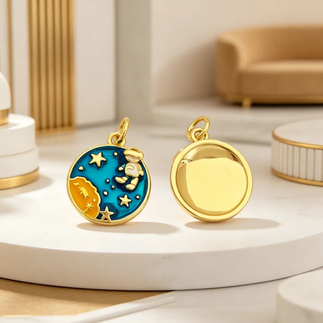 4Pcs Pendants Brass Enamel Space Round Charms Rocket Astronaut Musical Note Accessories for Diy Jewelry Necklace Bracelet Making