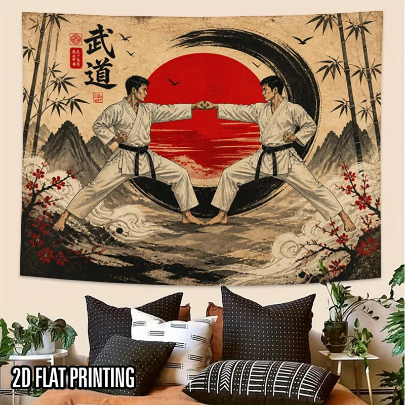 Karate Dojo Tapestry, Japanese Martial Arts Wall Hanging, Red Sun Samurai Spirit Decor, Zen Gym Bedroom Living Room Background