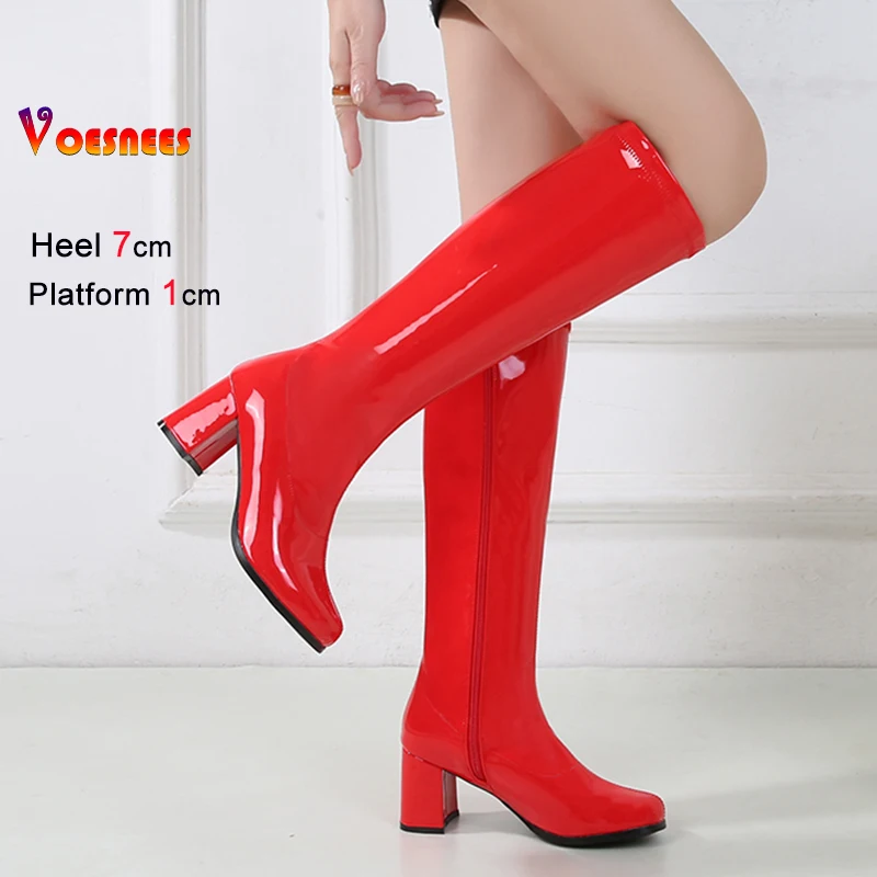 

Женские ботинки Gogo на массивном квадратном каблуке 7 см в стиле 60-х 70-х годов, высокие до колена, для вечеринок, сексуальные ретро-ботинки на молнии, обувь для кроссдрессинга