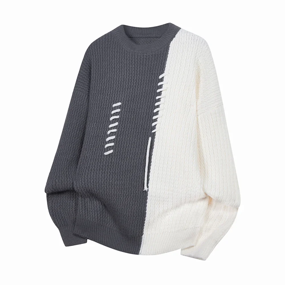 Korean Fashion Youth Sweater Autumn Winter Patchwork Woolen Knitted Pullover Sweaters Men Round-neck Base Layer Pullovers Shirts