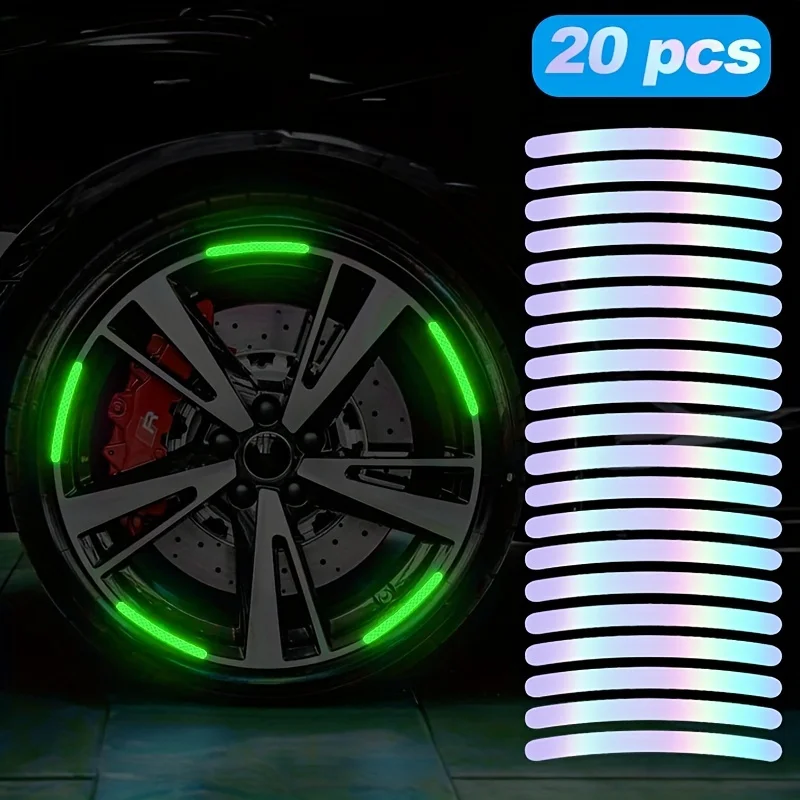 20Pcs Wheel Hub Reflective Sticker Rainbow Fluorescence Luminous Stripe Tape Car Motorcycle Decal Night Driving Safety Accessory