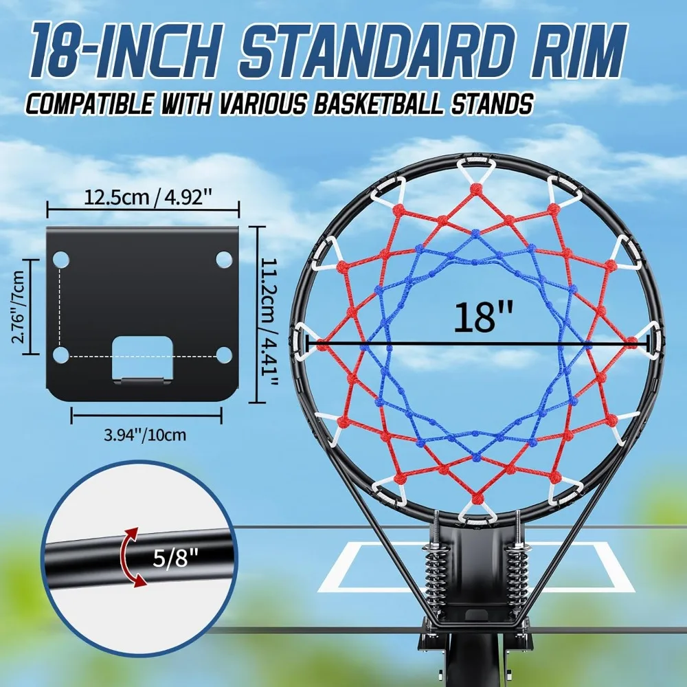 18" Heavy Duty Steel Basketball Hoop Rim with Double Spring, All Weather Net for Indoor Outdoor Wall Mount