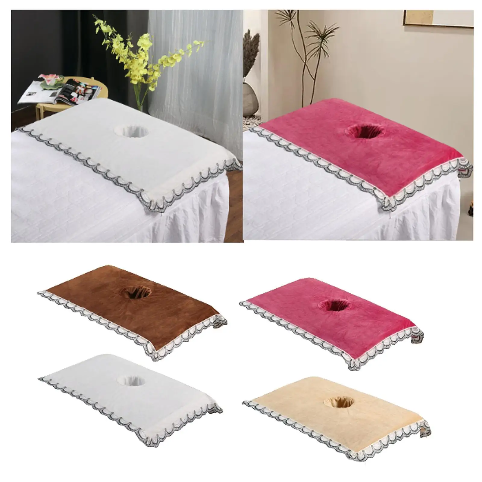 Velvet Massage Table Absorbent Towel Bed Cover Sheet with Face Hole Elegant Lace for Beauty Salon Spa