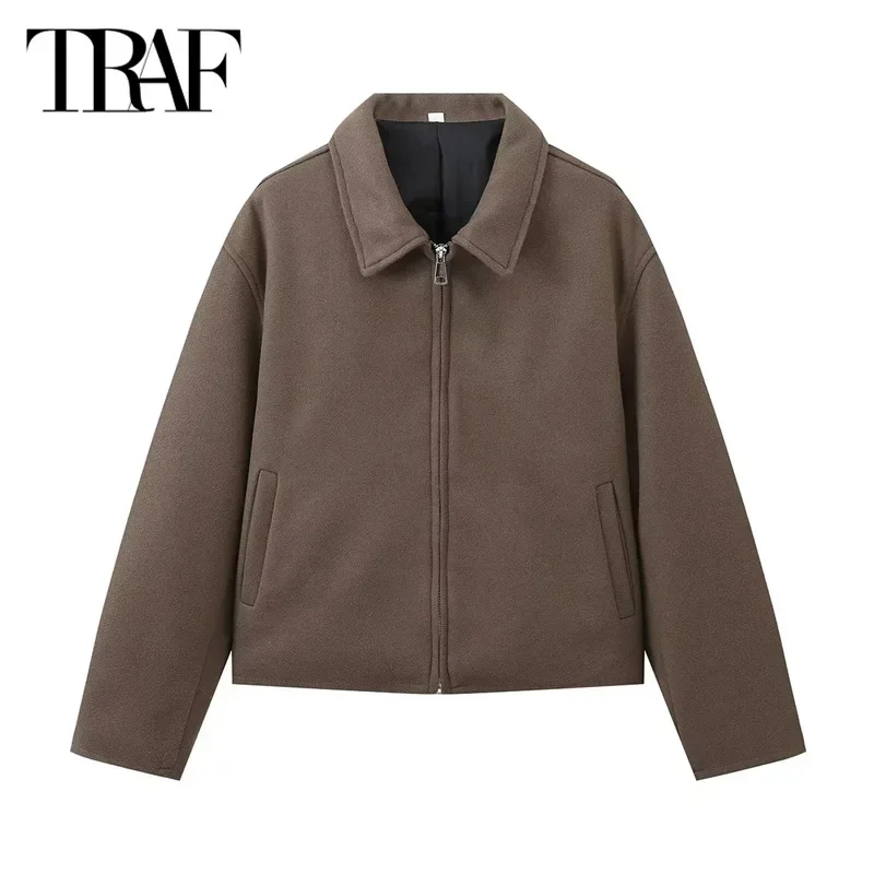 TRAF Women Brown Bomber Jacket Cropped Outerwears Autumn 2024 Wool&Blend Coat Ladies Fashion Casual Long Sleeve Short Jacket