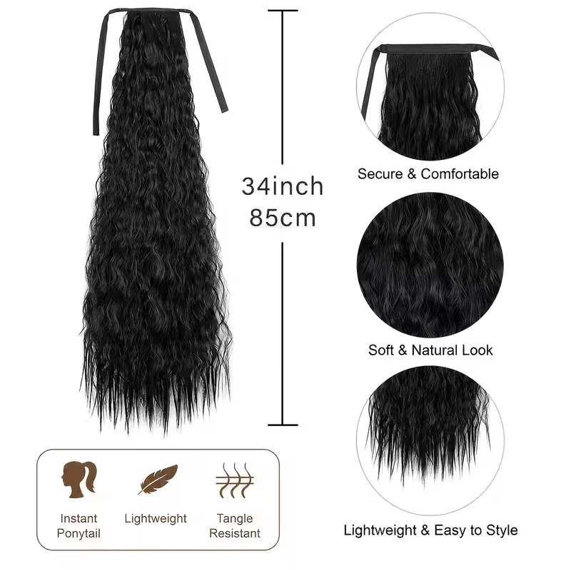 34Inch Synthetic Long Kinky Curly Ponytail Hair Extension Drawstring Wrap Around Fluffy Hairpiece for Women Daily Party Cosplay