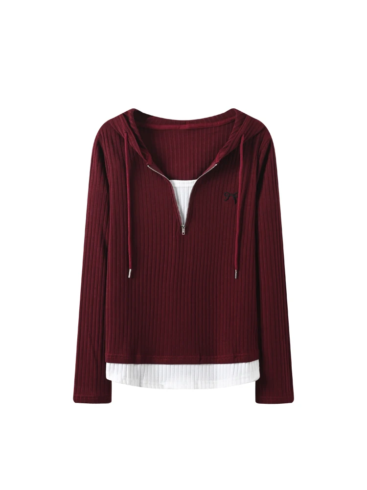 Top de punto de talla grande para mujer, manga larga, con cierre de cremallera y nudo, informal, mezcla de algodón y poliéster, moda primavera-otoño