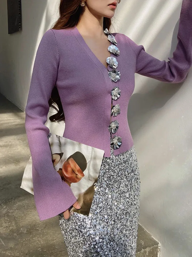 Sexy Buckle V-neck Sequins Three-dimensional Flowers Long-sleeved Slim Bodycon Sweater Cardigan Women Knitted Shirt Top C-290