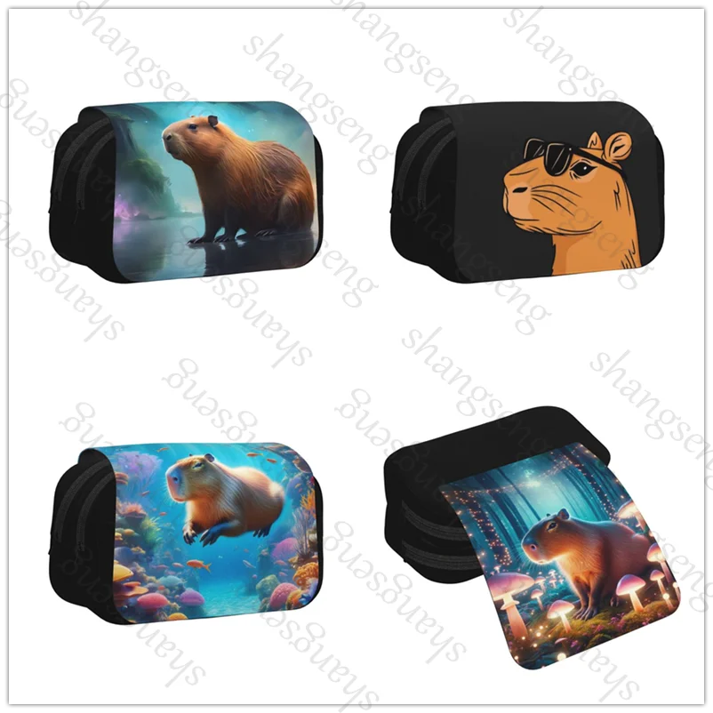 

Funny Capybara Print Double Layer Flip Pencil Bag School Supplies Children's Pencil Box Storage Cosmetic Bag Gift