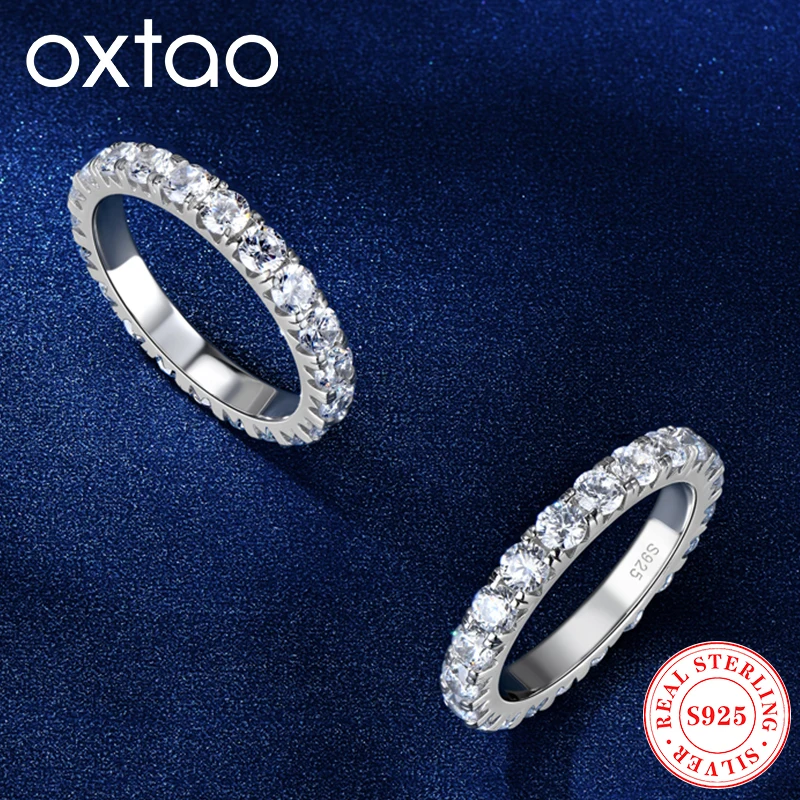 OXTAO 3mm Round Cut Test Passed Moissanite Full Eternity Ring Wedding Band for Women Real 925 Silver Rings With Certified