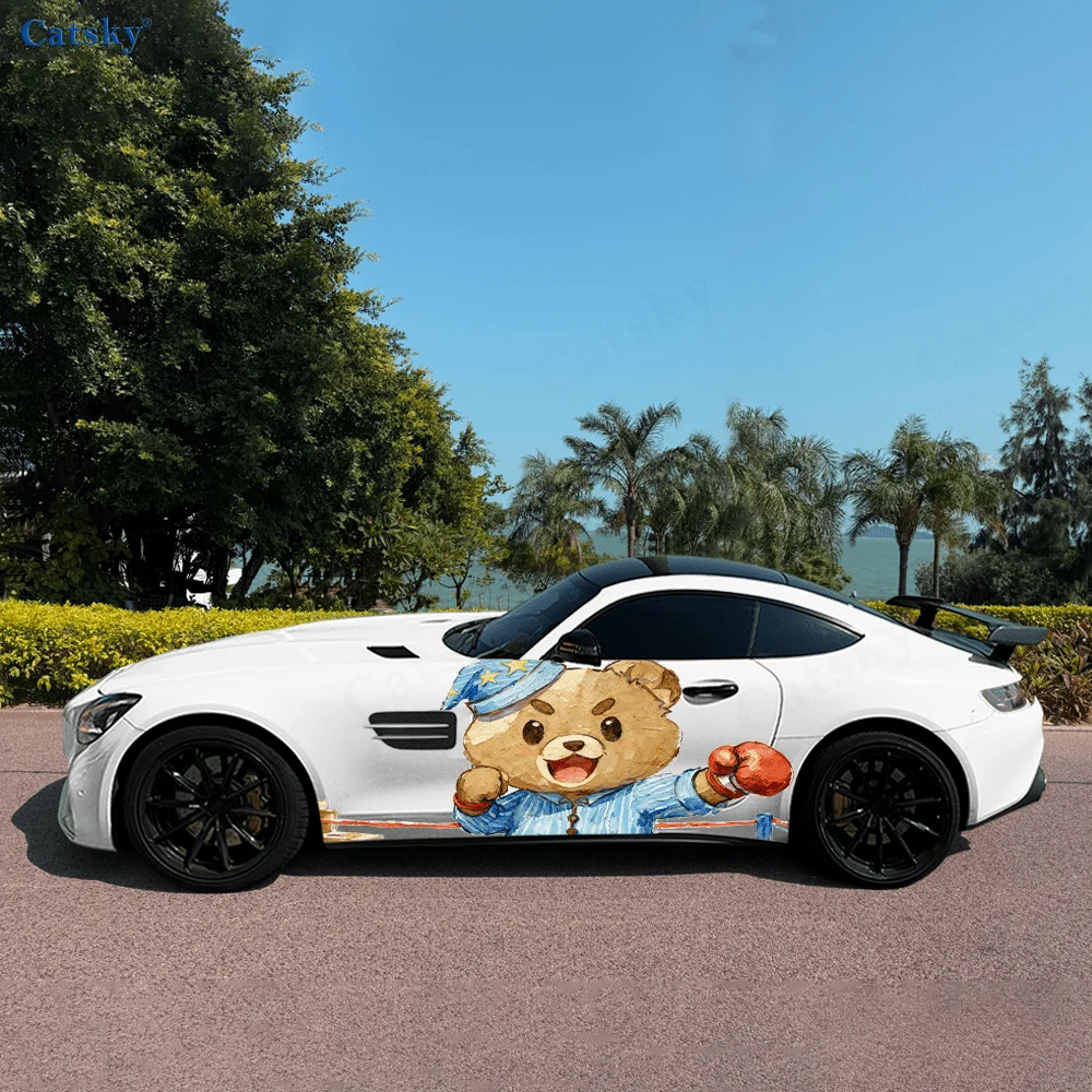 Cute pajama teddy bear creative pattern stickers for car body and door side, fashionable stickers, two pieces of decoration suit