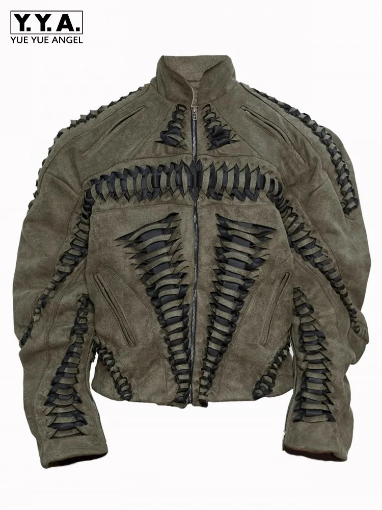 

Мужская плетеная куртка в стиле панк, свободная посадка из искусственной замши, пальто для выступлений на сцене, воротник-стойка, мотоциклетная верхняя одежда ручной работы