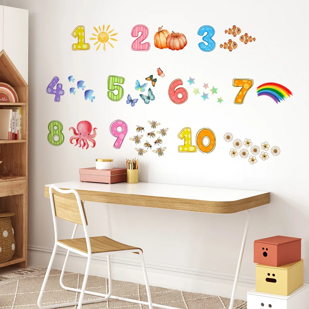 Cartoon Digital Animals Wall Sticker Baby Kids Puzzle Room Decor Wallpaper Bedroom Home Decoration Nursery Self-adhesive Decals