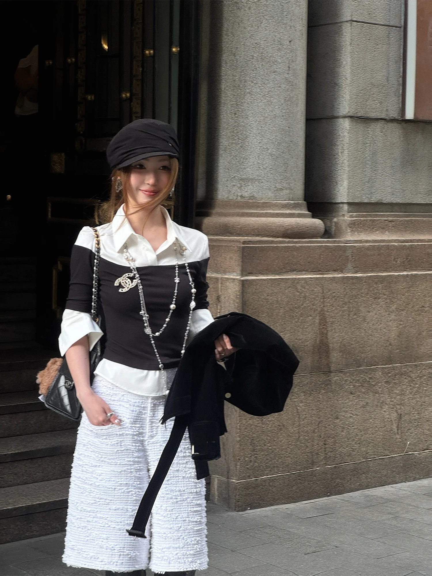 

Faionable Knitted Patchwork irt by ZONEELEA Ele Two-Piece Design Andy the Editor-In-Chief's Design Loose Fit French S...