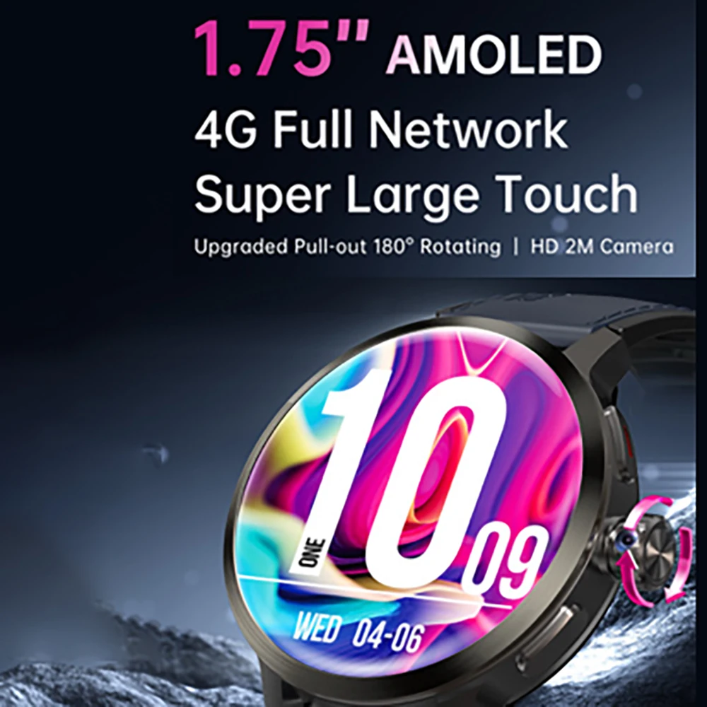 4G ساعة ذكية كاملة الشبكة AMOLED شاشة مكالمة فيديو 180 °   ساعة ذكية كاميرا دوارة قابلة للسحب رياضية مقاومة للماء ونظام تحديد المواقع واي فاي للصحة