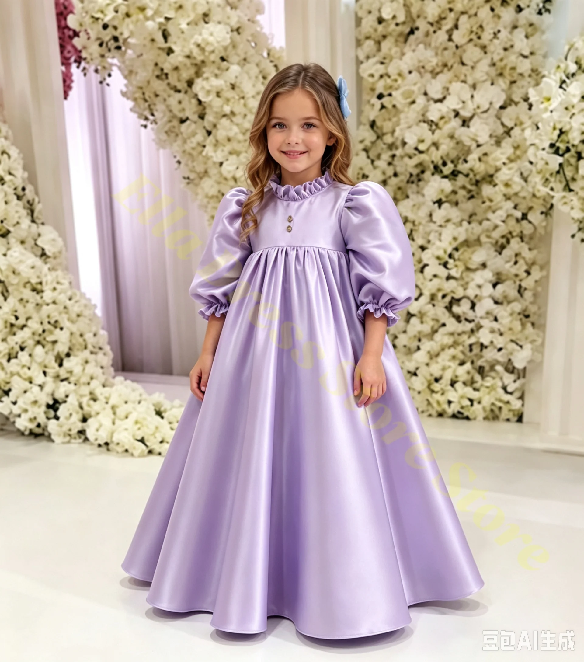 Großhandel Maßgeschneidertes Erstkommunionkleid für Mädchen, Hochgeschnittenes Ballonärmel-Ballkleid aus Satin, Plissiertes Hochzeits-Blumenmädchenkleid nach Maß – Detail 4