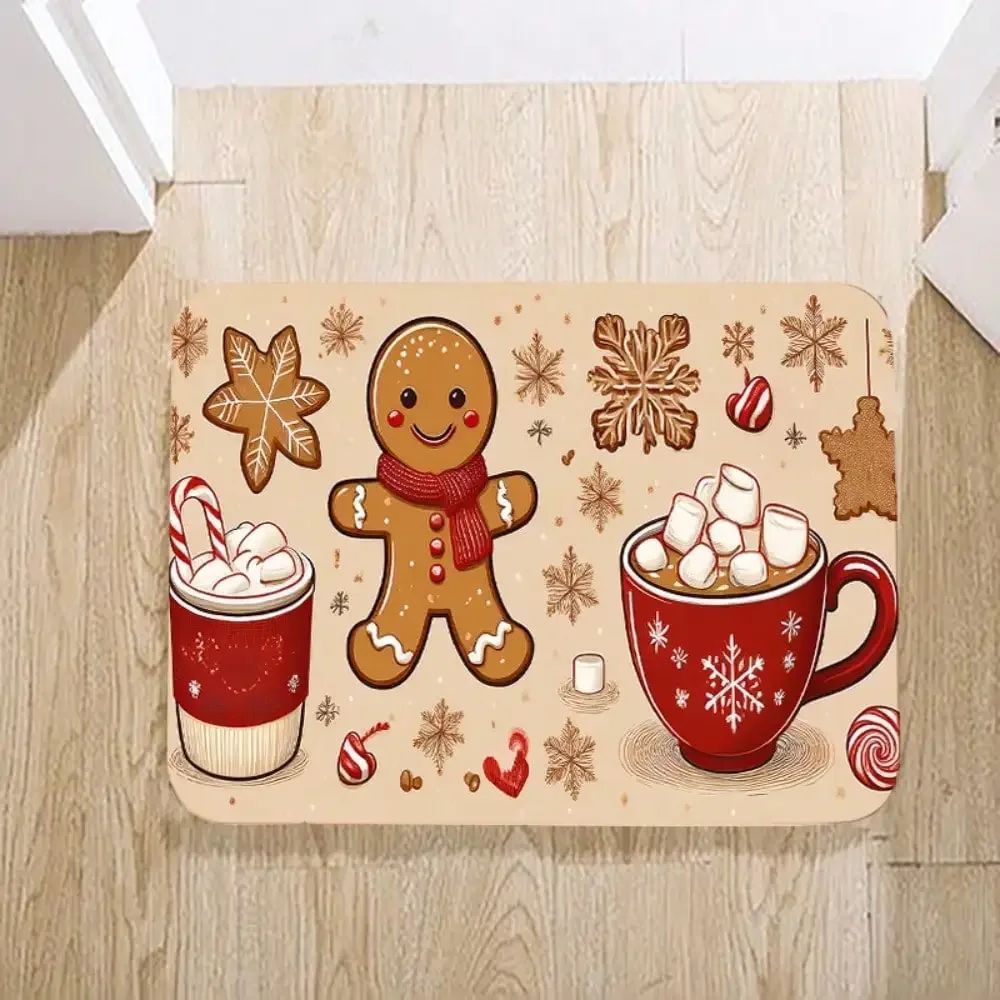3pcs Cozy Christmas Gingerbread & Hot Cocoa Pattern Area Mat - Festive Holiday Decor With Gingerbread Men, Candy Canes & Hot Cocoa Design, Machine Washable Polyester, Perfect For Living Room Or Bedroom, Adds Warmth And Cheer To Your Home