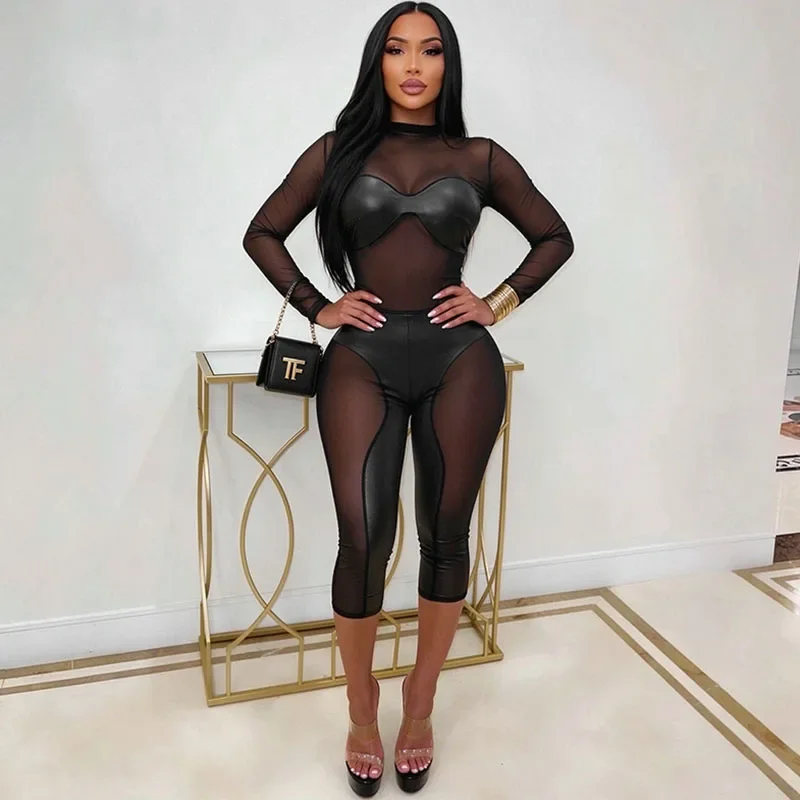Sexy Mesh See Through Patchwork Leather Jumpsuit Woman Birthday Outfits Long Sleeve Skinny Stretchy Club Wear Night Party Romper
