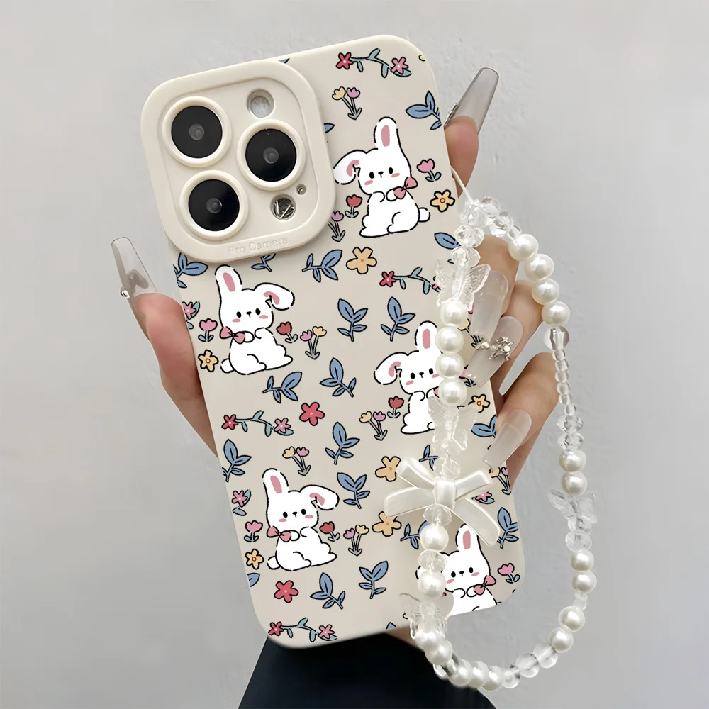 Rabbit Floral Korean Wrist Strap Phone Cases For Samsung Galaxy S26 S25 S24 S23 S22 Plus A55 A54 A16 A36 A35 A56 Lanyard Cover