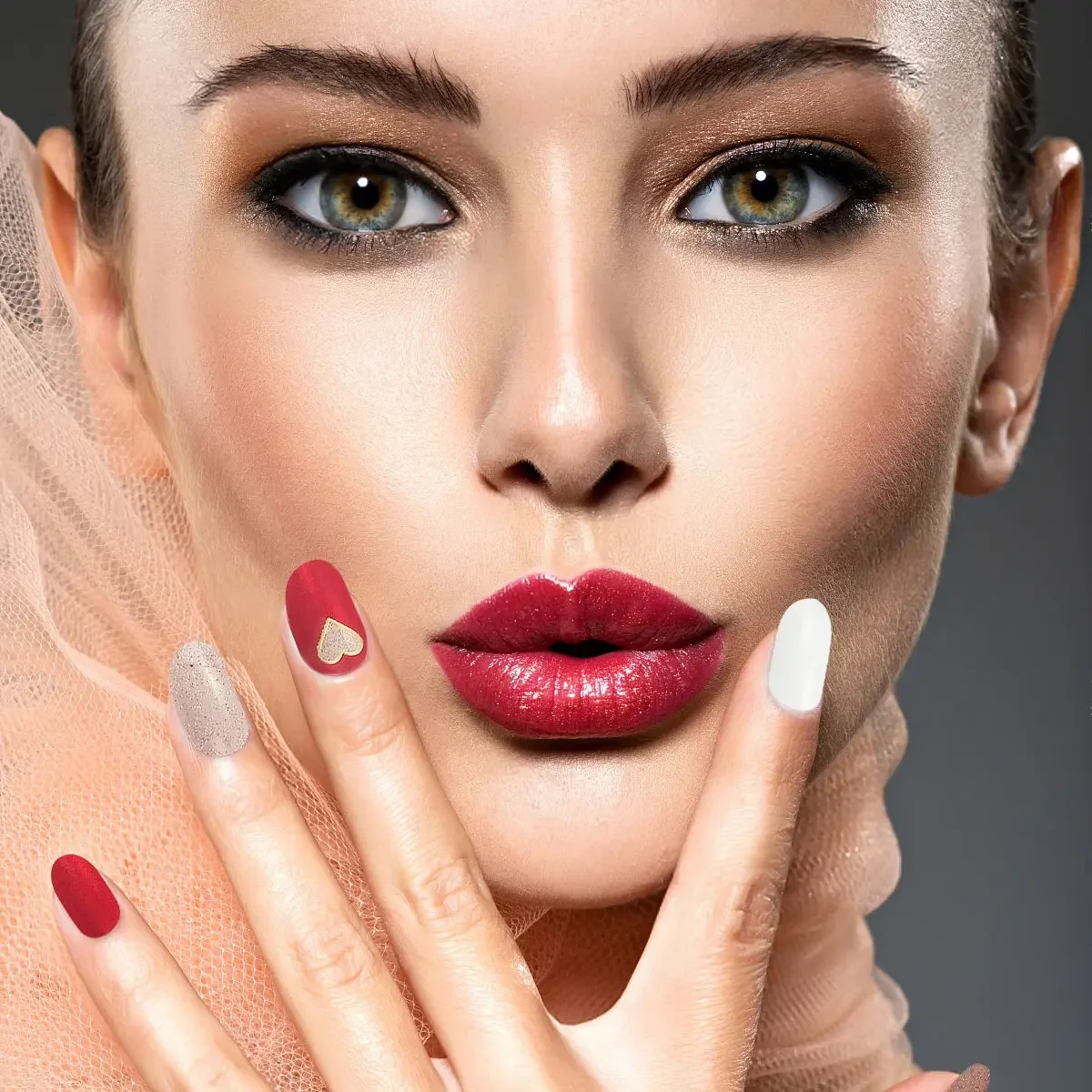 20 Fingers Red and White Coagulated Semi-Curing Gel Sticker Nail Sticker with Nail File and Stick (Uv/Led Light Required)