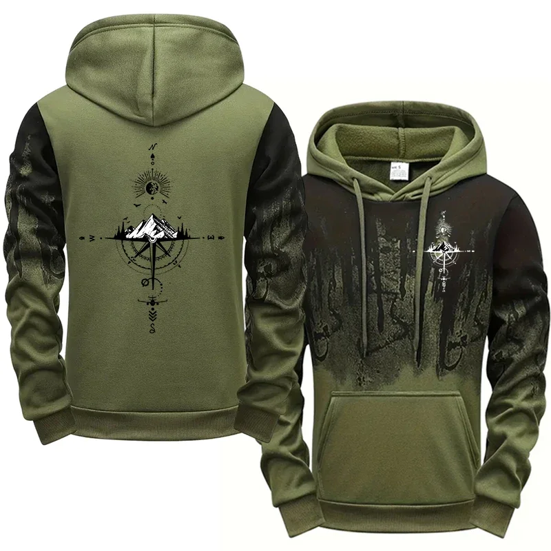 2025, urbane Mode, Streetwear, Oberteile, Herren-Kapuzenpullover, Vintage-Kompass-Druck, Hoodies, ganzjährig, Daly, lässig, sportlich