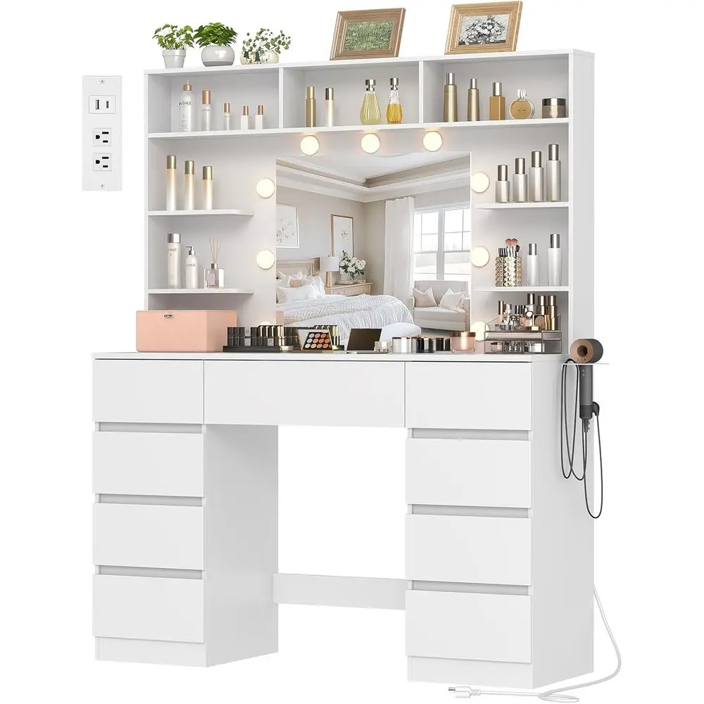

43 LED Lighted Makeup Vanity Desk with Storage Shelves, White