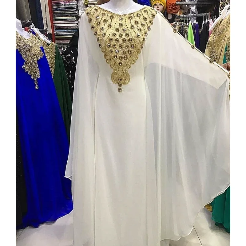 

Morocco Dress White Embroidery Work Dubai Kaftan Farasha Abaya European and American Fashion Trends